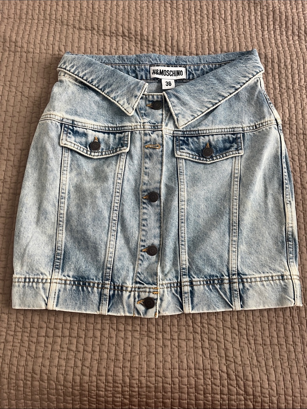 Rare Unique “Shirt” H&Moschino Light Blue Denim Mini Skirt with Button Front